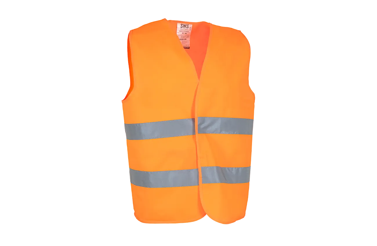 Vista frontal 1/3 del chaleco de alta visibilidad SWS-HV1404 con resaltado de las características técnicas