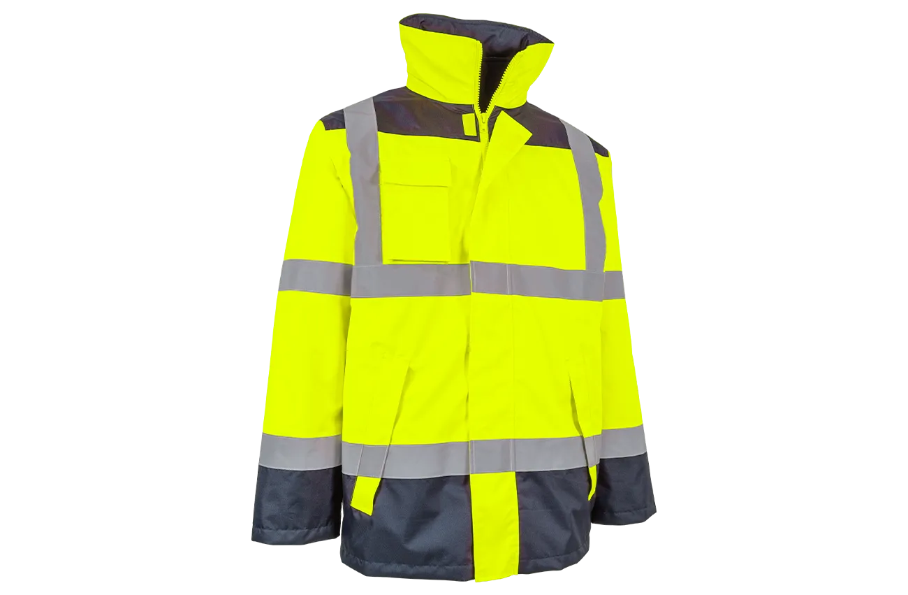 Vista frontal 1/3 da parka de alta visibilidade SWS-QUEBEC com realce de características técnicas